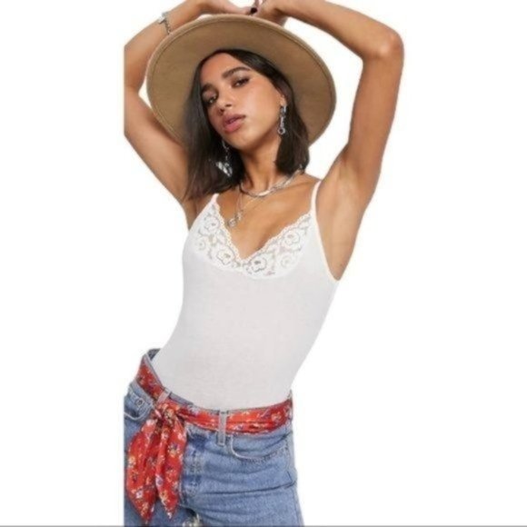 FREE PEOPLE Side of Sass Lace-Trim Cotton Bodysuit - White - NWT - Picture 2 of 7